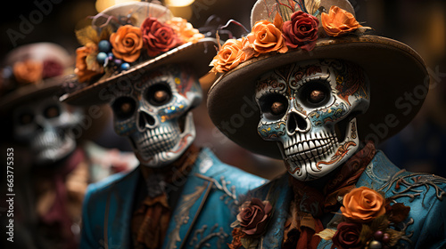personnages déguisé avec des masque de tête de mort pour halloween ou día de los muerto