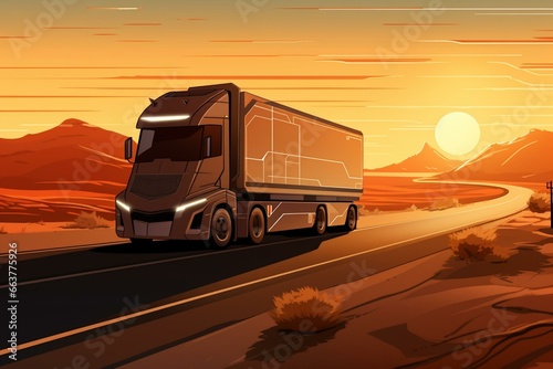 Illustration of solar-powered truck driving on road. Generative AI