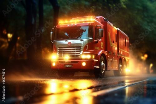 an action-packed photo of a fire engine speeding on the road. Generative AI