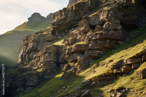 rock structures on a mountain side with sunlight