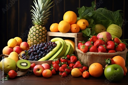 A variety of fresh fruits displayed on a table. Generative AI