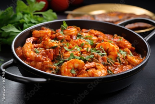 freshly cooked prawns in spicy tomato sauce