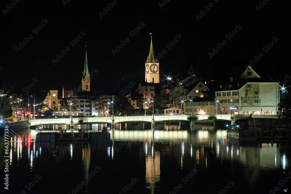 I spend a nightlife in Zurich, Switzerland on 11 October, travelling to an old town, around midnight on the way back to my hotel, I took this photo.