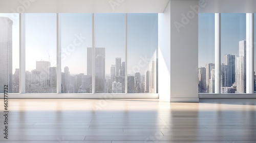 Empty modern room with white walls and big windows, minimalist interior design in luxury apartment