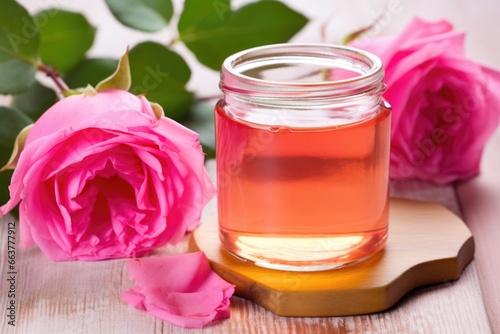 glass jar of rosewater beside a fresh pink rose photo