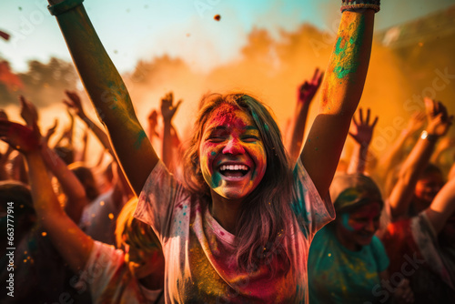 A joyful woman in paint. Holi Festival of colors.