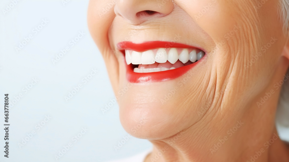 Fototapeta premium Closeup of beautiful smile of elderly woman with healthy white teeth. Healthcare concept. Generative AI
