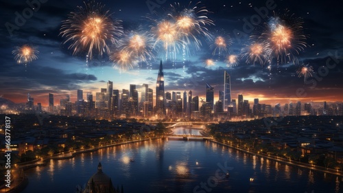 Spectacular 3D Rendering of City Fireworks Display over the river