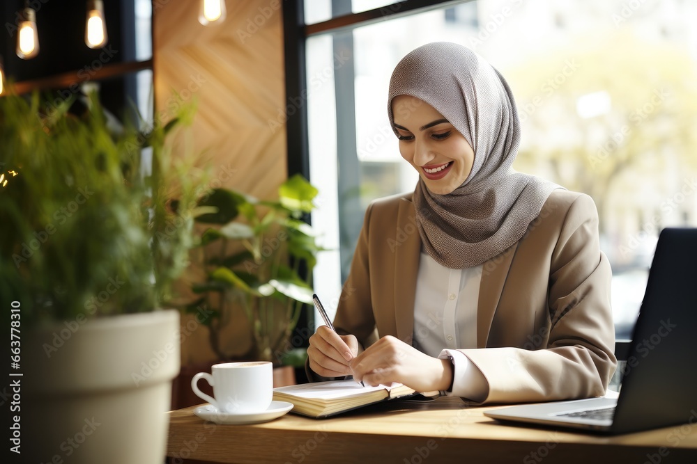 A young Muslim woman in a hijab, combining study and work, sits at a table with a laptop. A young Muslim woman in a hijab, combining study and work, sits at a table with a laptop.