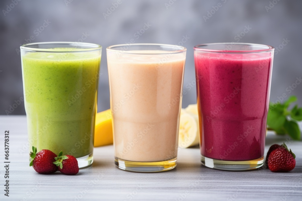 trio of different colored smoothies in glasses trio of different colored smoothies in glasses