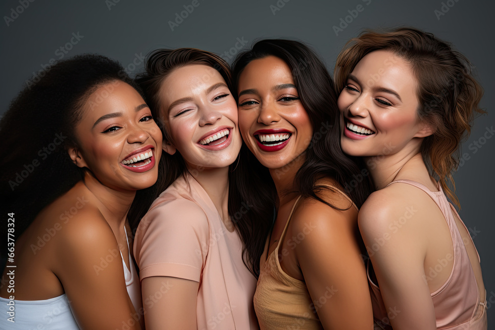 A diverse and happy group of friends, young women from different backgrounds, laughing and taking joyful photos together. A diverse and happy group of friends, young women from different backgrounds, laughing and taking joyful photos together.