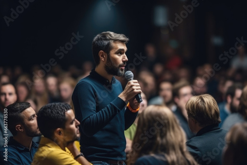 A man from the audience asks a question to the speaker.