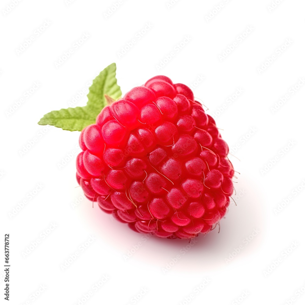 close-up photo of red raspberries on white background. Generative AI close-up photo of red raspberries on white background. Generative AI
