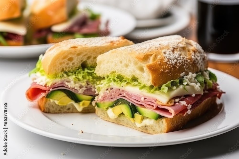 sandwich with ham, cheese, and lettuce on the white plate sandwich with ham, cheese, and lettuce on the white plate