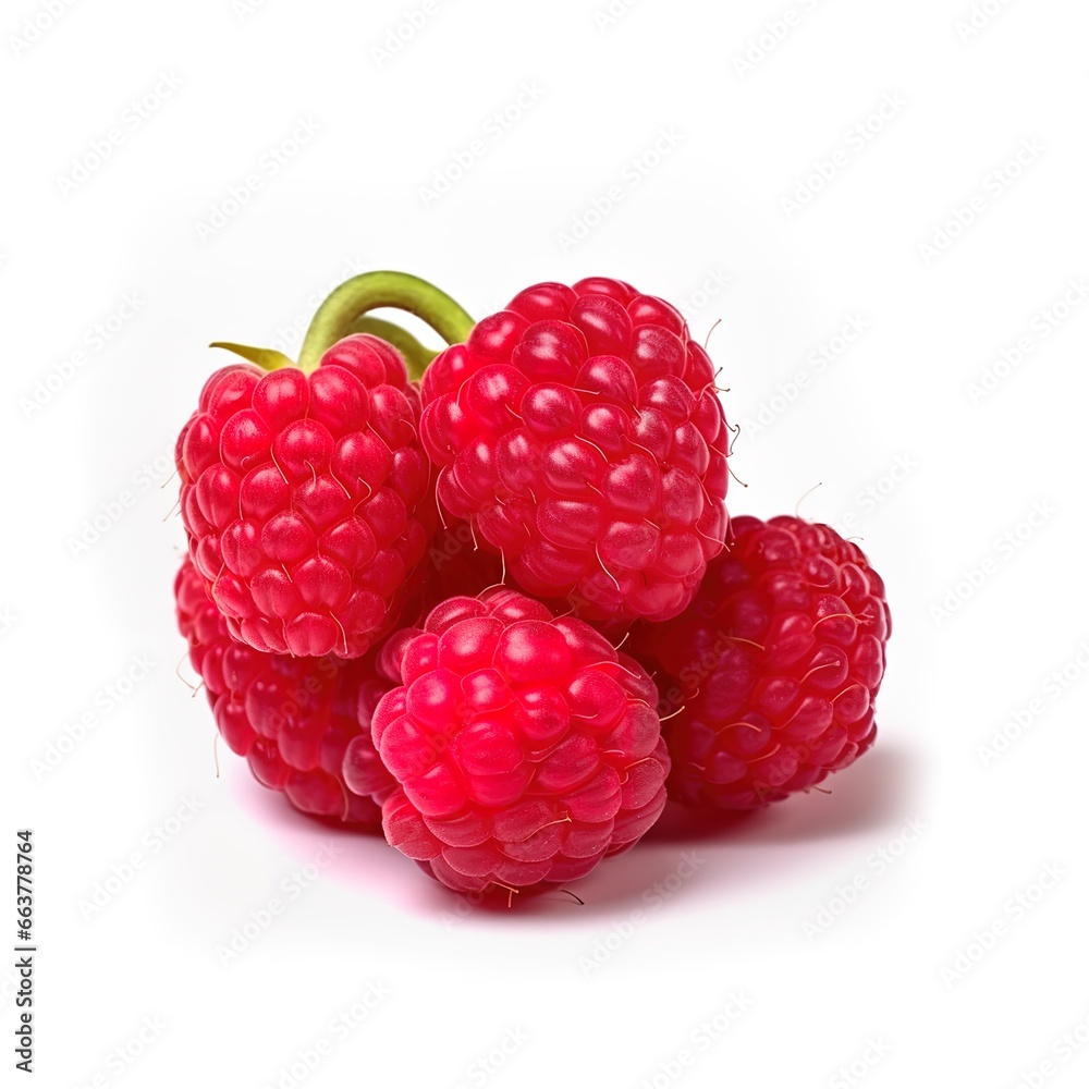 close-up photo of red raspberries on white background. Generative AI close-up photo of red raspberries on white background. Generative AI