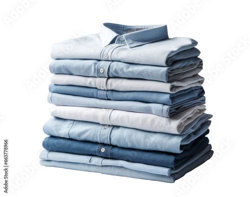 Stack of folded clothes. Pile of clean shirts isolated on white transparent background. PNG photo