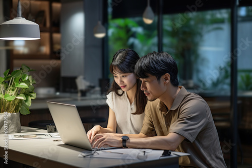 Asian guy and girl are drinking coffee and working on a laptop. Work process, communication, ai