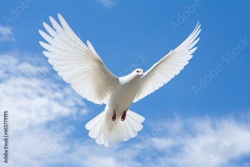 white dove flying against a blue sky