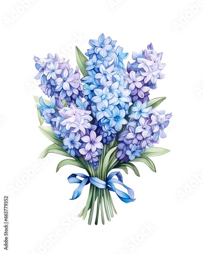 Bouquet of blue hyacinths isolated on white background in watercolor style. 