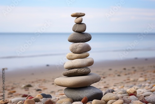 a balanced stone cairn on a beach