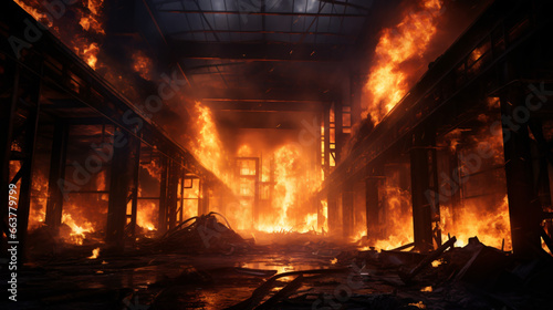 Raging inferno inside an industrial structure.