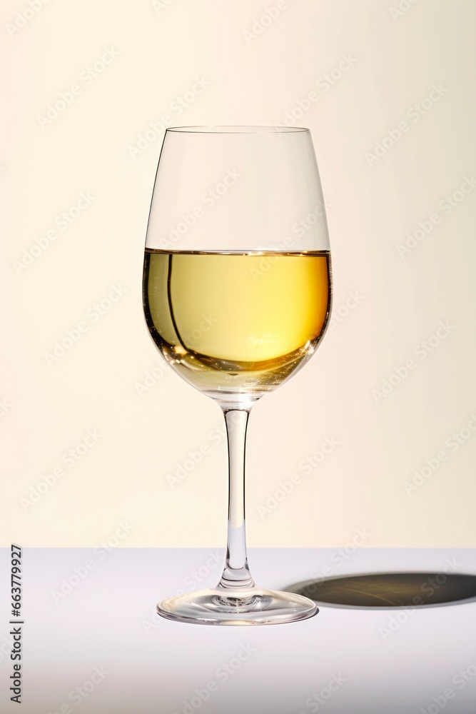 Glass of white wine on light cream background.