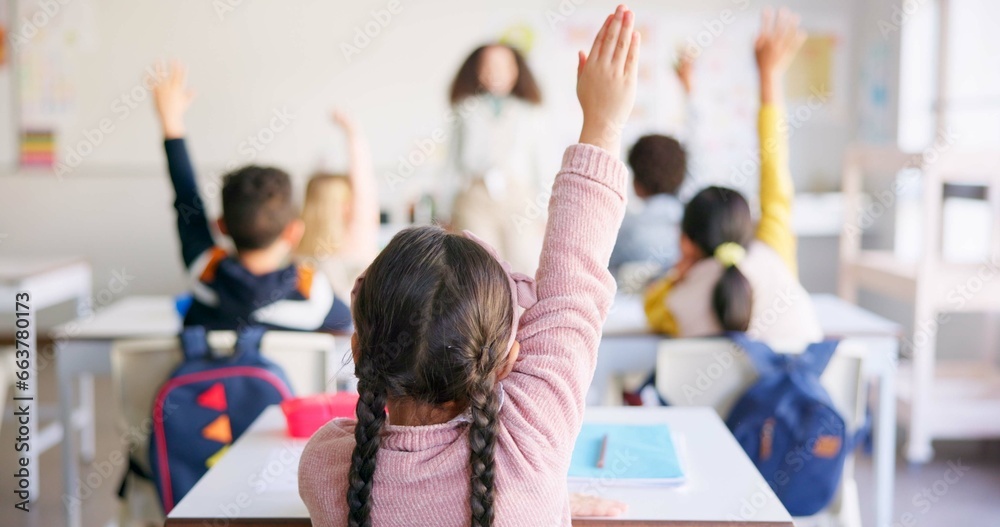 Learning, question and hands raised with girl in classroom for education, discussion and knowledge. Help, studying and teacher with children and woman at school for why, scholarship and answer - obrazy, fototapety, plakaty 