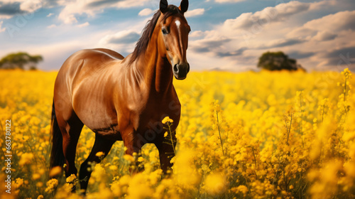 Beautiful brown horse standing in a field of yellow flowers