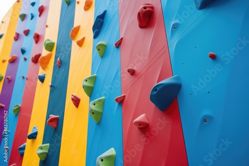 rock climbing wall with colorful holds
