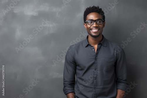 A smiling black man in a black shirt and glasses posing for a photo.. Fictional characters created by Generated AI.