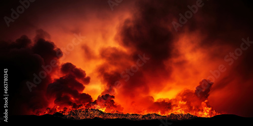 Desert sand dunes on huge fire. Dark smoke above. Dramatic disaster landscape. Generative AI © AngrySun