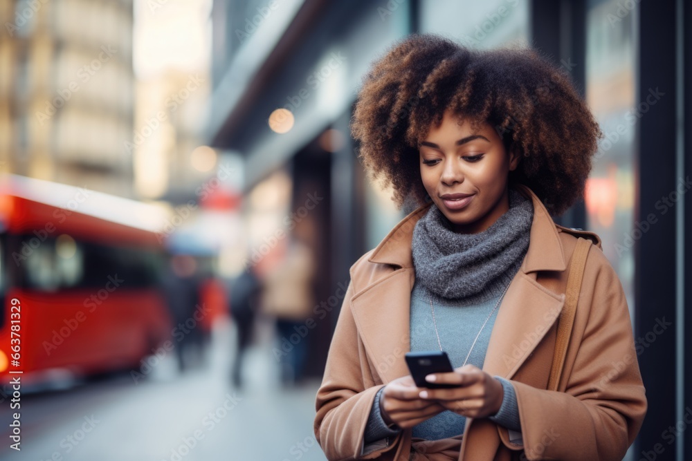 A fashionable young woman with a brown curly fro is engrossed in her cell phone on a city street. Fictional characters created by Generated AI.