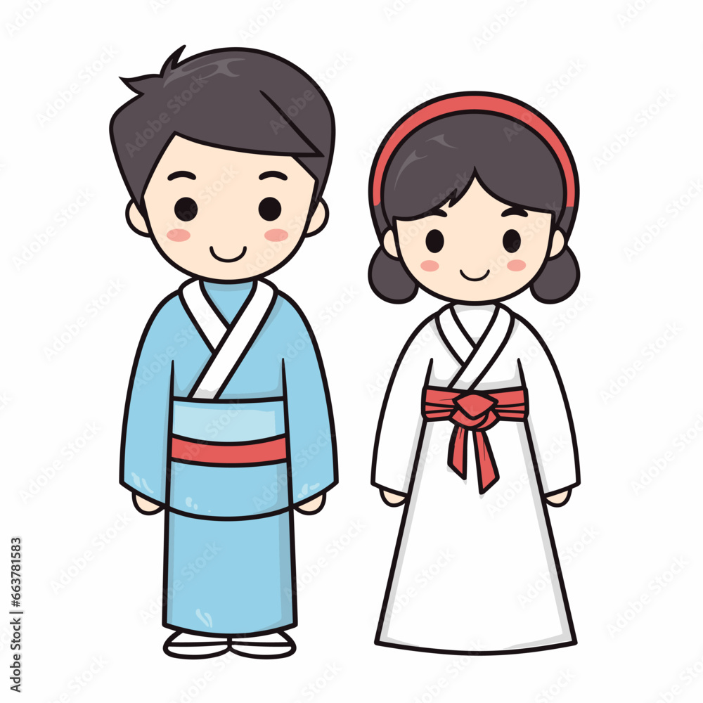 Japanese couple hand-drawn comic illustration. Japanese couple. Vector doodle style cartoon illustration