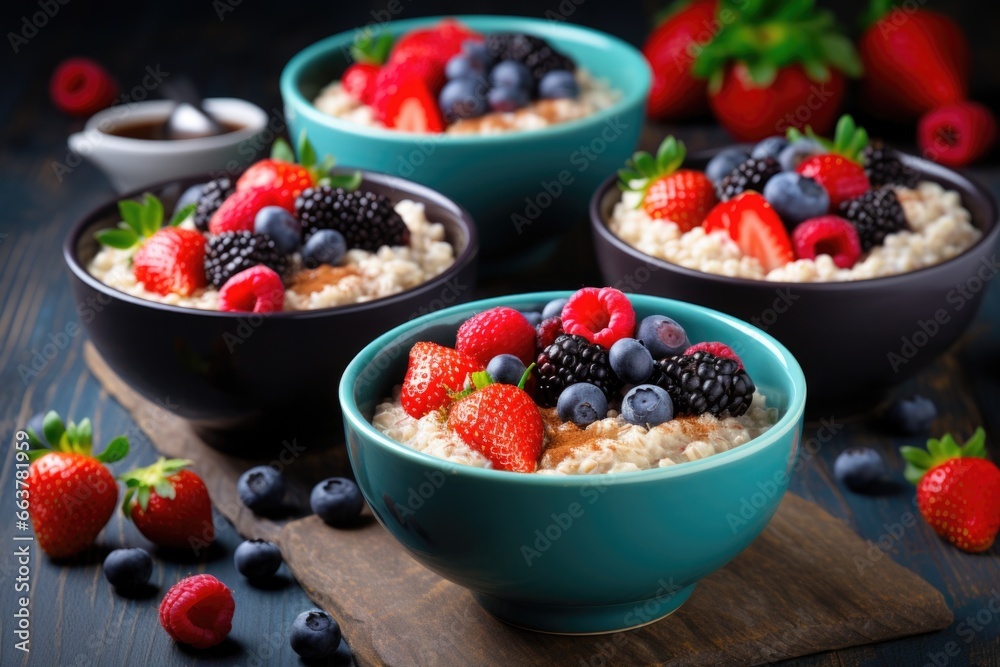 freshly prepared bowls of oatmeal with berries freshly prepared bowls of oatmeal with berries