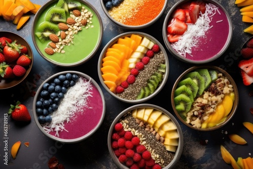 colorful smoothie bowls topped with fresh fruits and granola