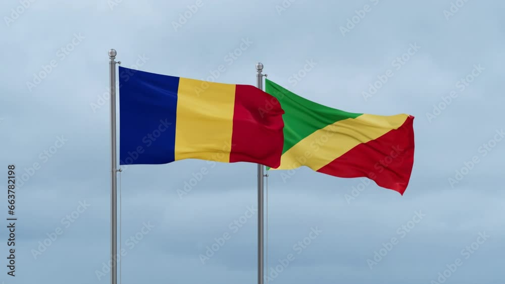 Republic of the Congo flag and Romania flag waving together on cloudy sky, endless seamless loop, two country relations concept Republic of the Congo flag and Romania flag waving together on cloudy sky, endless seamless loop, two country relations concept