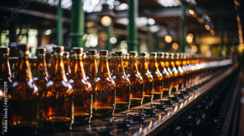 Row of brown beer bottles on conveyor belt in brewery factory. Industrial background.