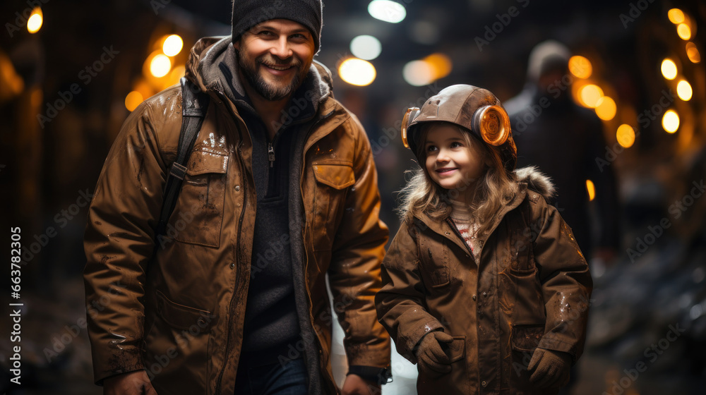 Fototapeta premium Underground tourism. Father with daughter on an excursion in the mine tunnel.