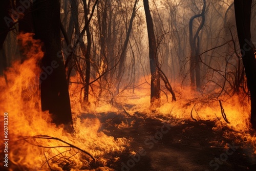 fire engulfing a dry forest, showing flames and scorched trees