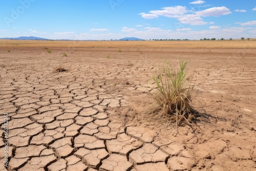a drought-stricken field with cracked dry soil and wilted plants