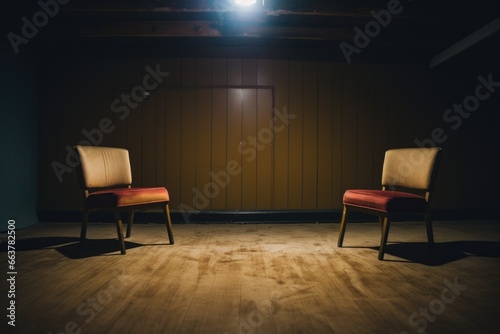 two empty chairs facing each other in a room
