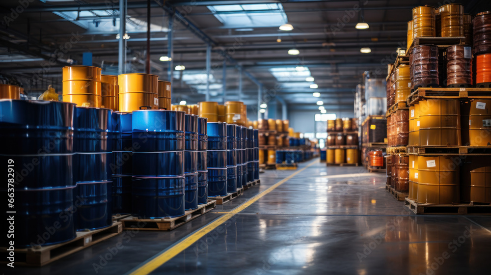 Warehouse with rows of large industrial barrels for transportation and storage of goods. - obrazy, fototapety, plakaty 