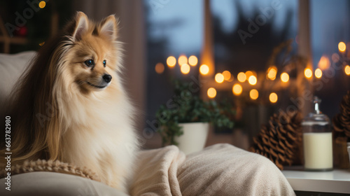 Cute Shetland Sheepdog on sofa in room with Christmas decorations.