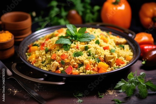 a dish of moroccan couscous with vegetables and herbs