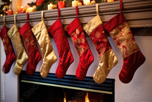 line of red and gold holiday stockings hanging from a mantel