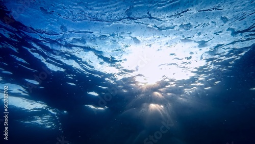 Looking up on the blue sky and shining sun from the sea bottom.
