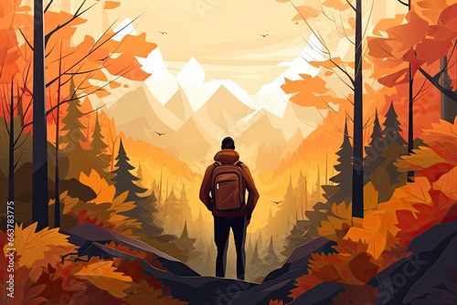 man in autumn forest outdoor adventure illustration