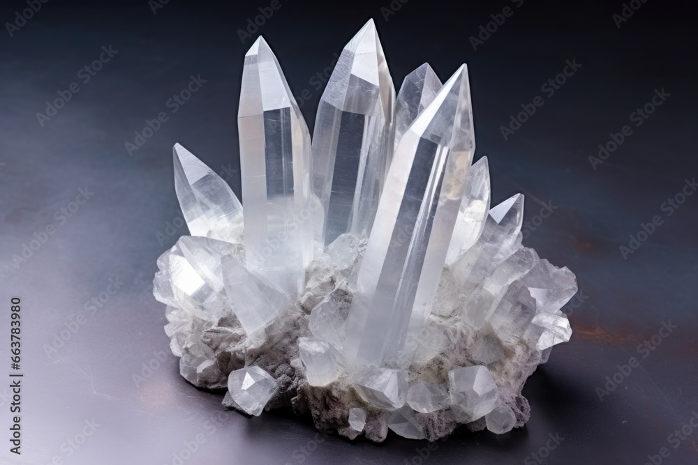 cluster of quartz crystals on a grey stone surface cluster of quartz crystals on a grey stone surface