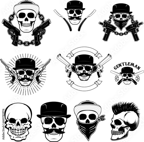 Set of  gangsta skulls isolated on white background. Design element for t-shirt print, poster, sticker. Vector illustration.