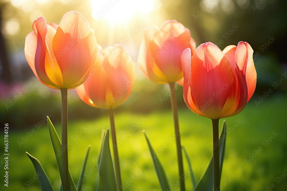 three tulips in full bloom, bathed in soft morning light